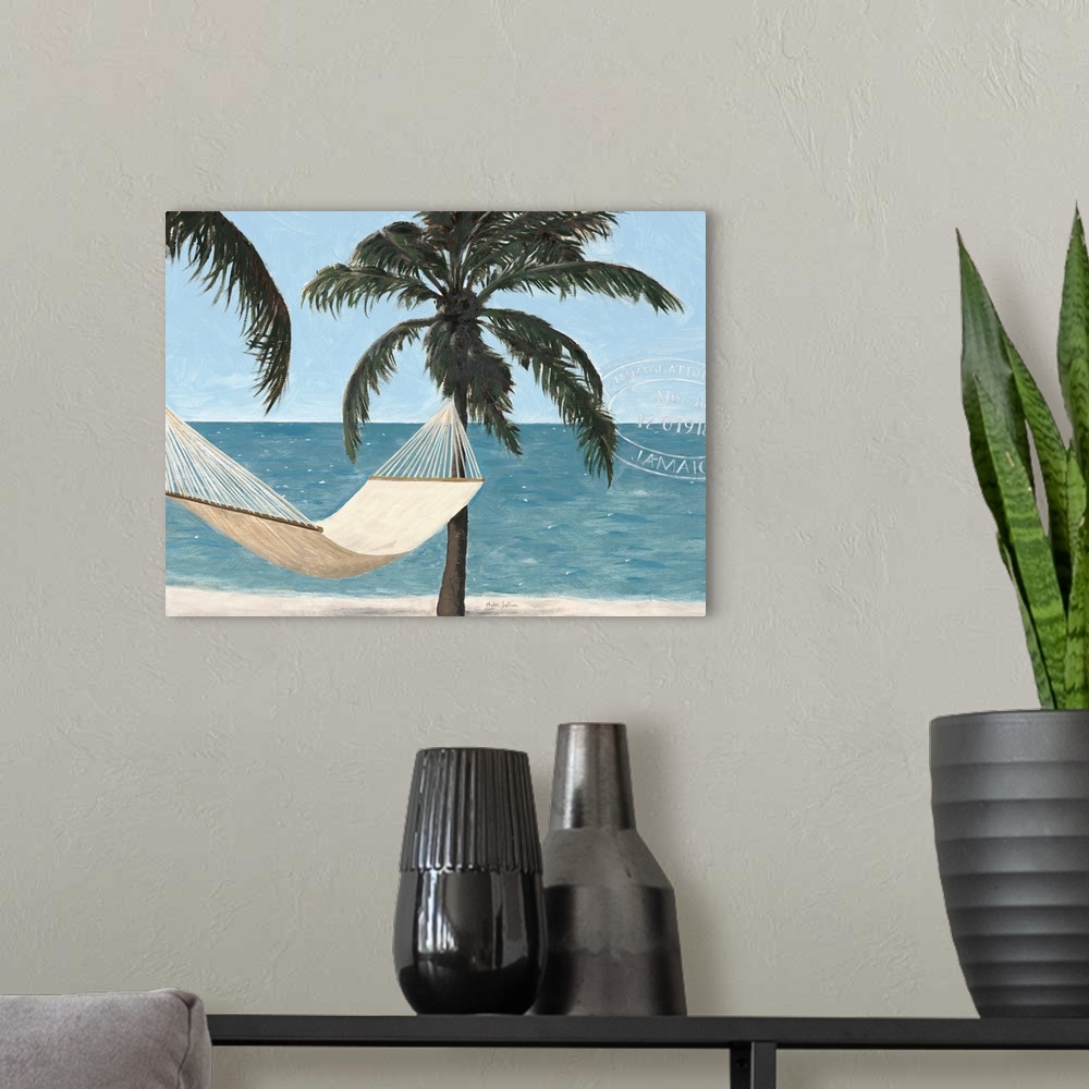 A modern room featuring Painting of a hammock hanging between two palm trees overlooking the ocean.