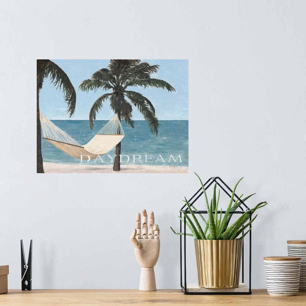 A bohemian room featuring Painting of a hammock hanging between two palm trees overlooking the ocean with the word "Daydream."