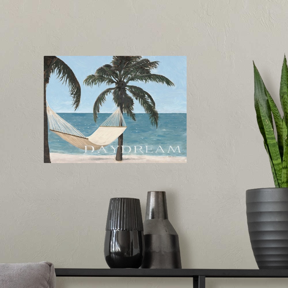 A modern room featuring Painting of a hammock hanging between two palm trees overlooking the ocean with the word "Daydream."