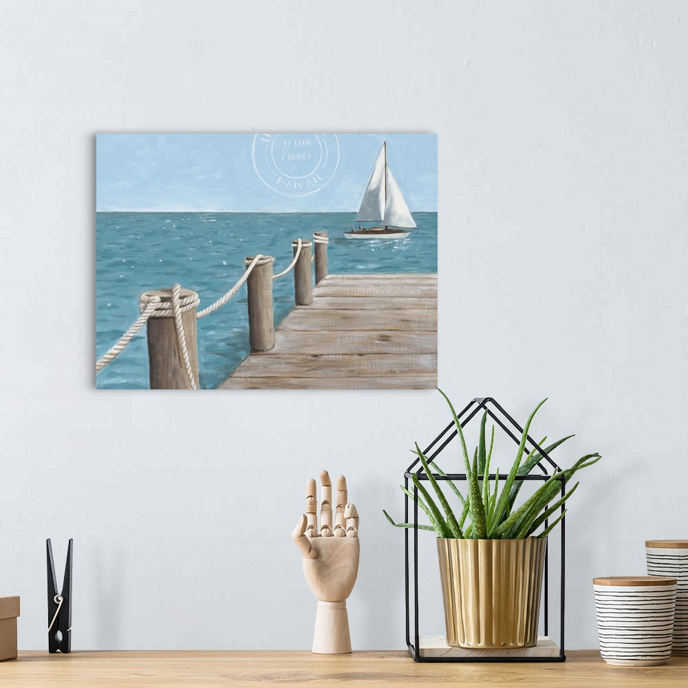 A bohemian room featuring Painting of a dock leading out to the ocean with a sailboat in the distance.