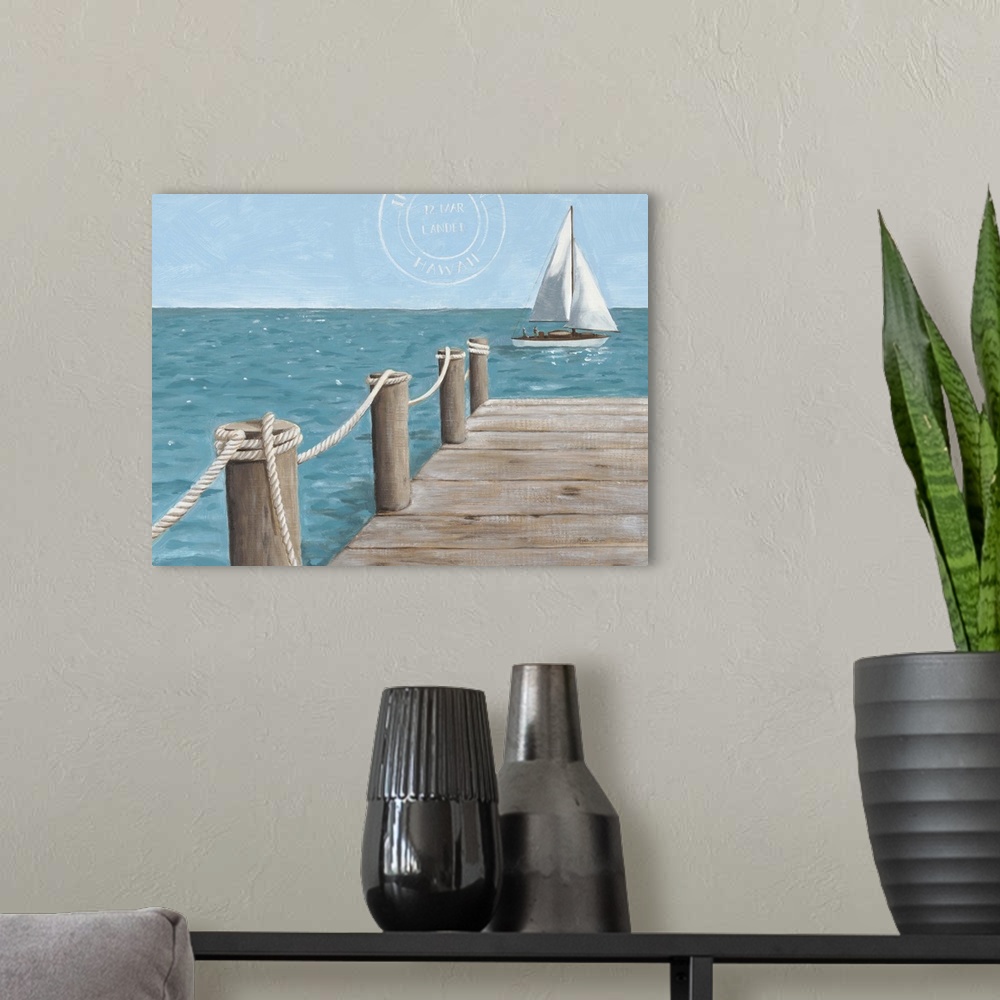 A modern room featuring Painting of a dock leading out to the ocean with a sailboat in the distance.