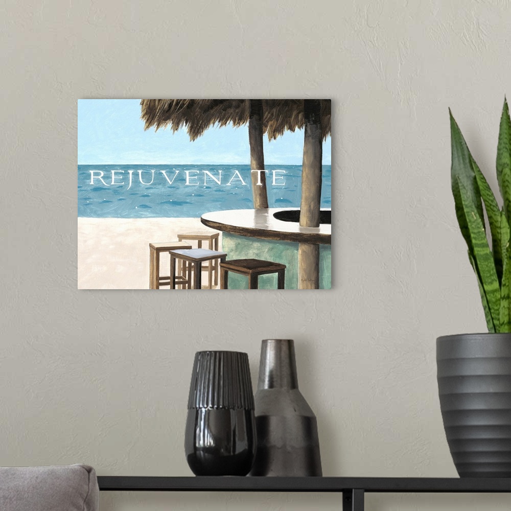 A modern room featuring Painting of a oceanside bar overlooking the water and sandy beach, with the word "Rejuvenate."