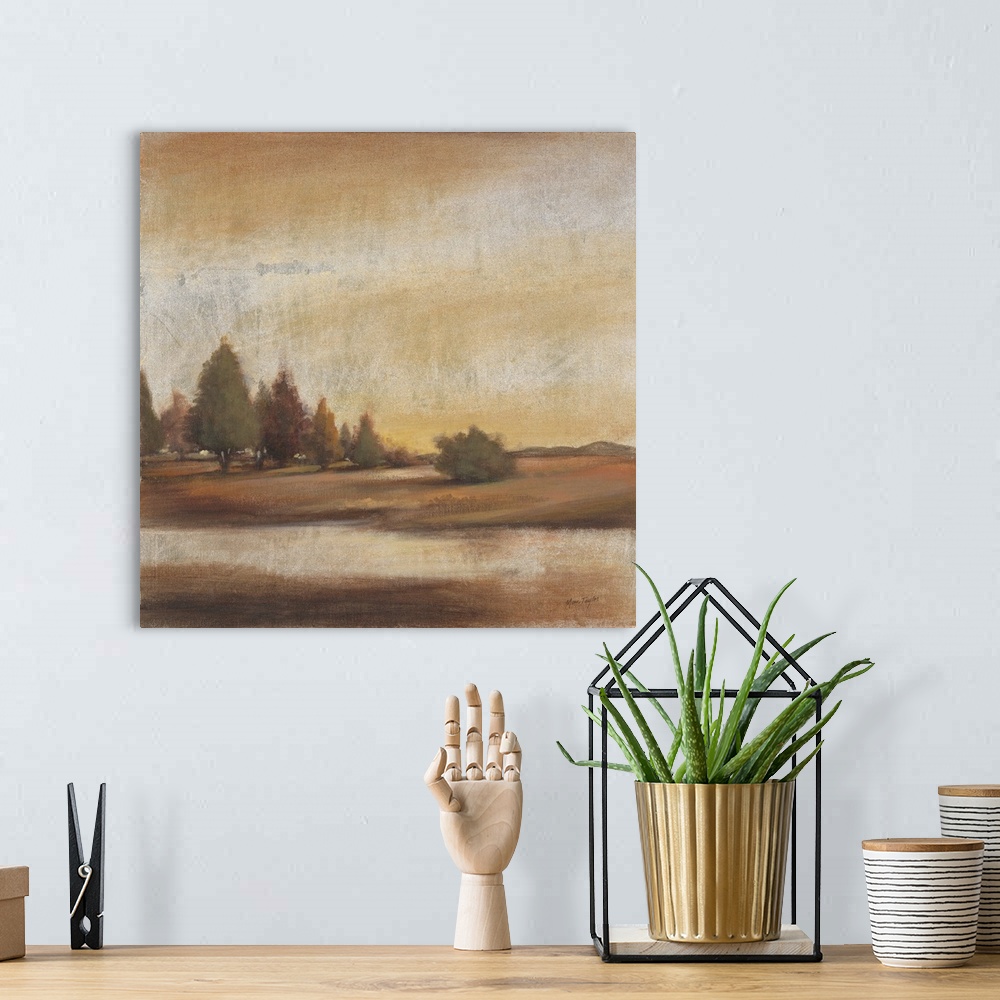 A bohemian room featuring Contemporary painting of a countryside clearing.