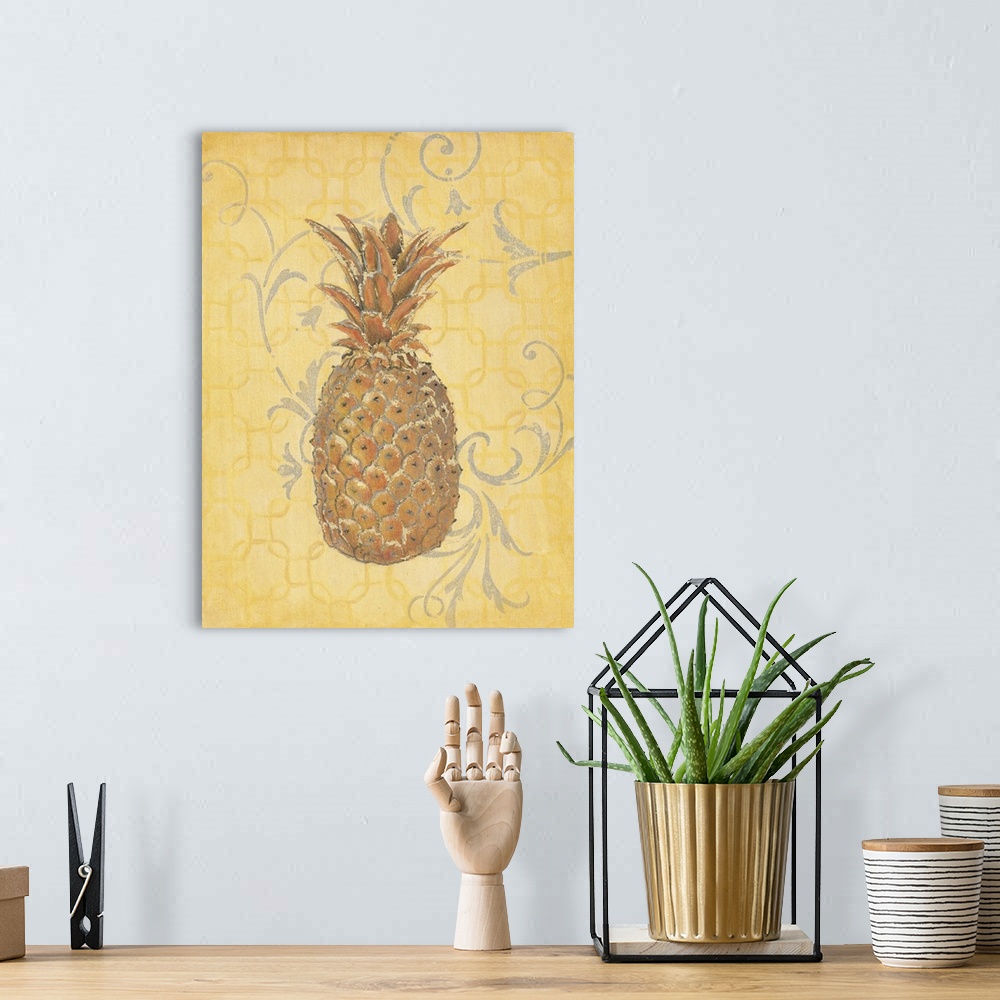 A bohemian room featuring Vintage style illustration of a pineapple on yellow with grey flourishes.