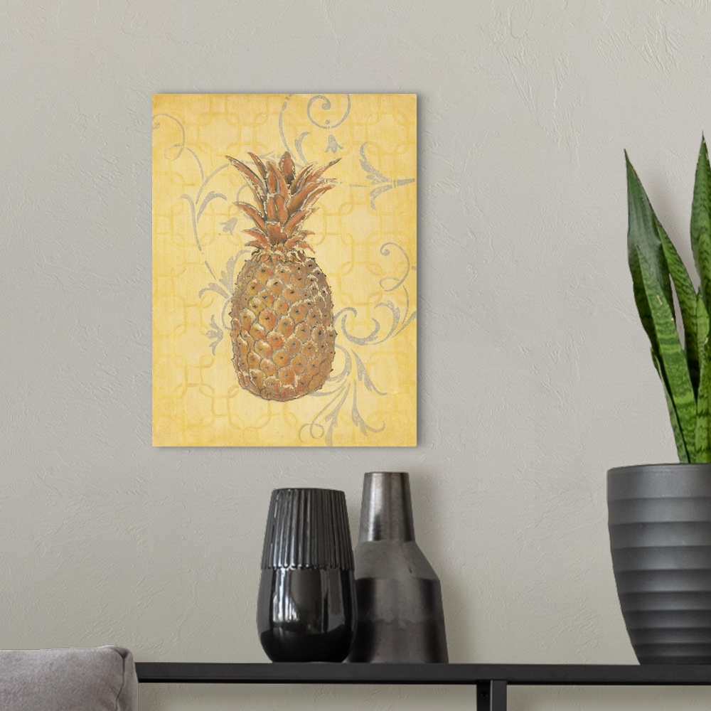 A modern room featuring Vintage style illustration of a pineapple on yellow with grey flourishes.