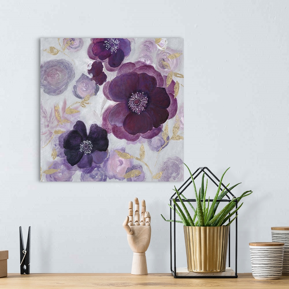 A bohemian room featuring Contemporary home decor artwork of purple flowers against a pale floral background.