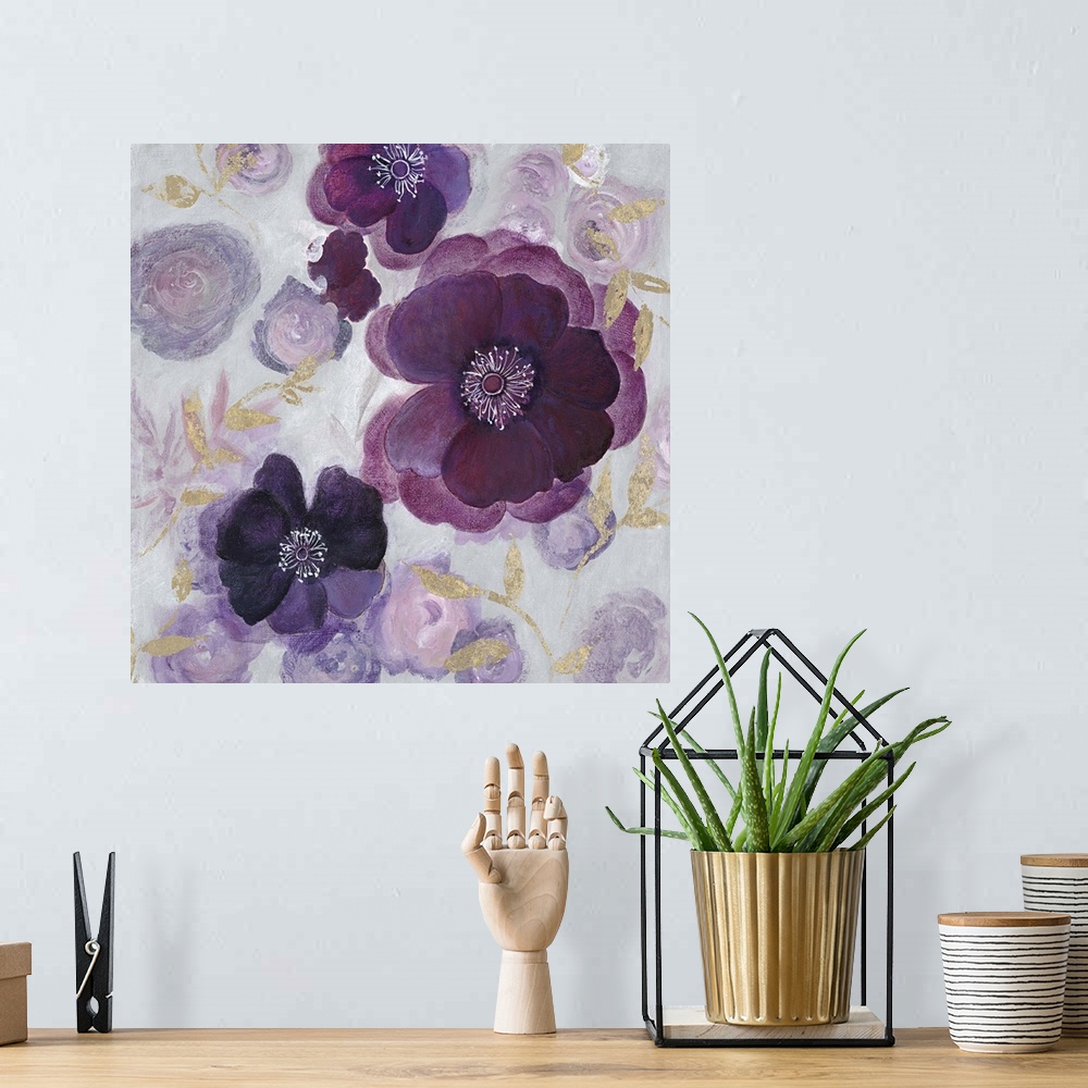 A bohemian room featuring Contemporary home decor artwork of purple flowers against a pale floral background.