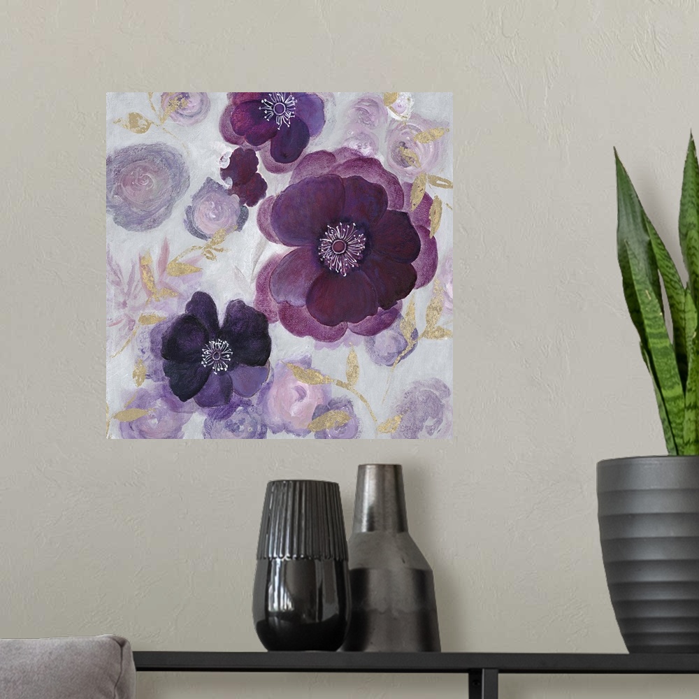 A modern room featuring Contemporary home decor artwork of purple flowers against a pale floral background.