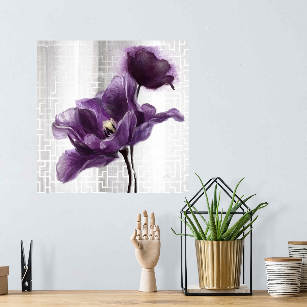A bohemian room featuring Contemporary home decor art of  purple flower against a silver patterned background.