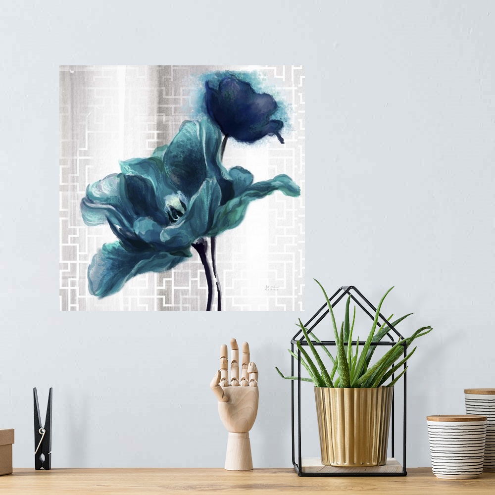 A bohemian room featuring Contemporary home decor art of  turquoise flower against a silver patterned background.