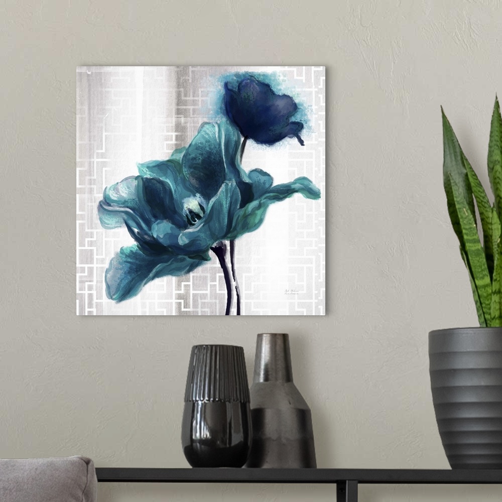 A modern room featuring Contemporary home decor art of  turquoise flower against a silver patterned background.