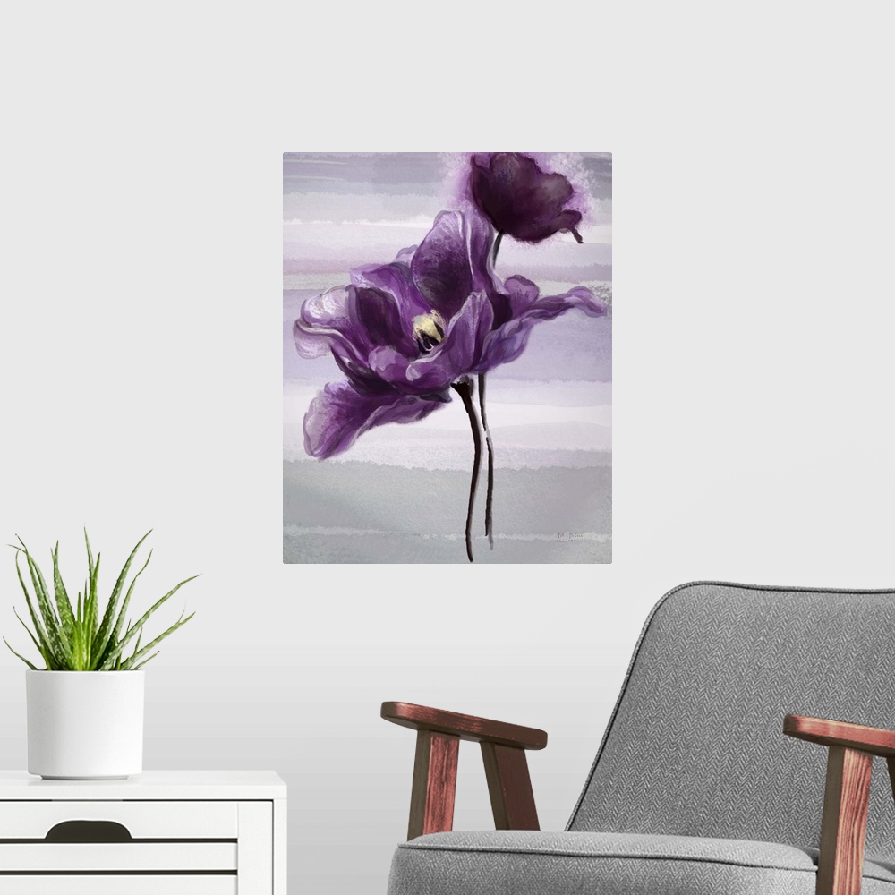 A modern room featuring Contemporary home decor art of  purple flower against a light gray background.