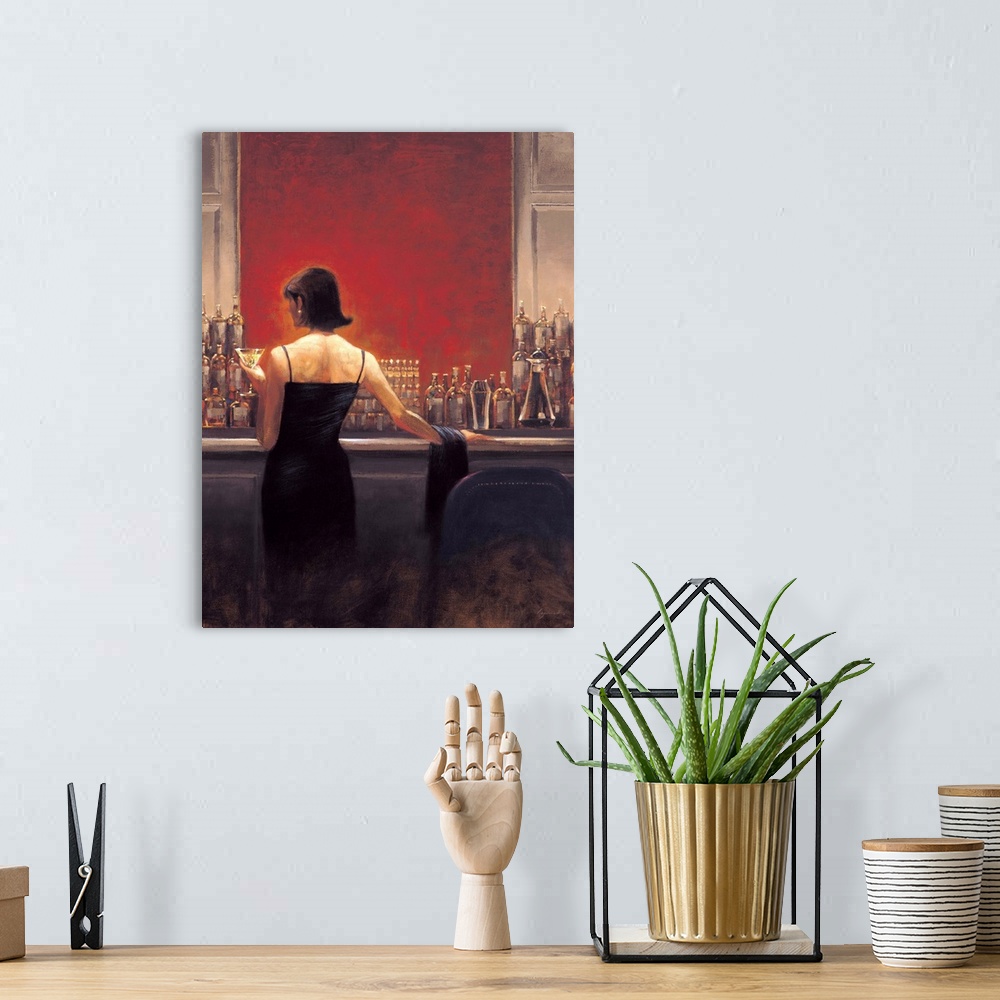 A bohemian room featuring Contemporary painting of a woman in a black dress standing at a bar with a vibrant red wall, with...