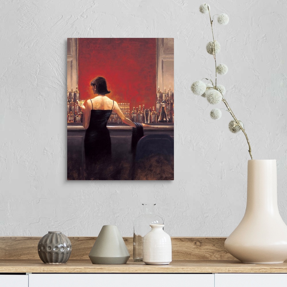 A farmhouse room featuring Contemporary painting of a woman in a black dress standing at a bar with a vibrant red wall, with...