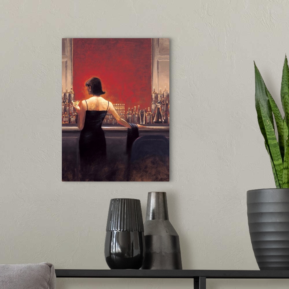 A modern room featuring Contemporary painting of a woman in a black dress standing at a bar with a vibrant red wall, with...