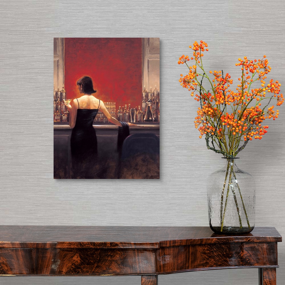 A traditional room featuring Contemporary painting of a woman in a black dress standing at a bar with a vibrant red wall, with...