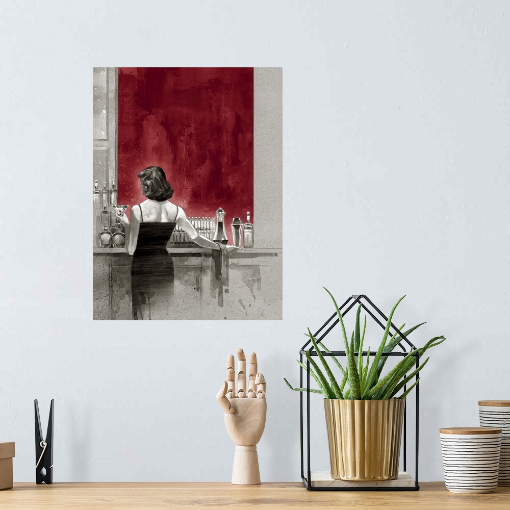 A bohemian room featuring A painting of a woman in a dress standing at a bar with a vibrant red wall, with a drink in her h...