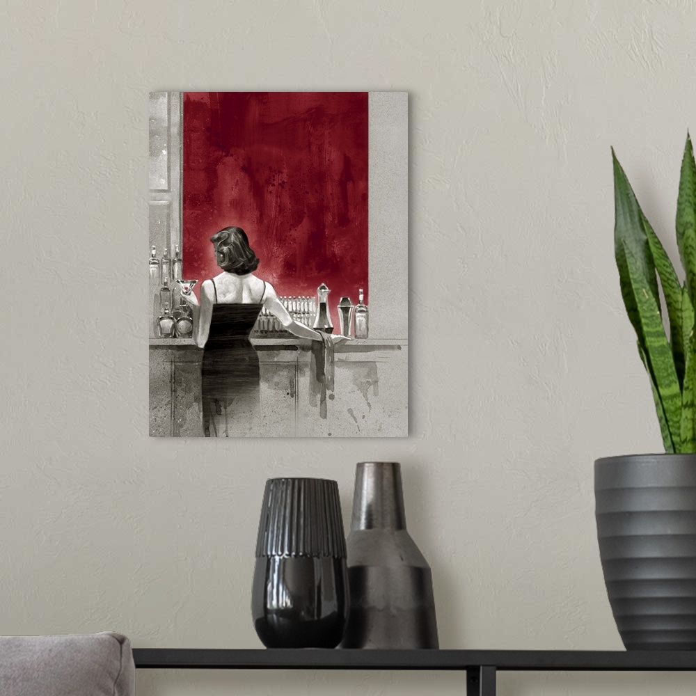 A modern room featuring A painting of a woman in a dress standing at a bar with a vibrant red wall, with a drink in her h...