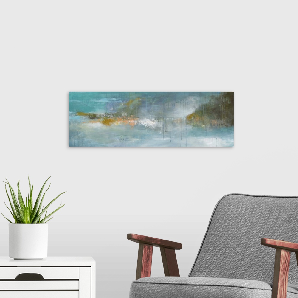 A modern room featuring Contemporary abstract painting using tones of blue and brown to create a watery landscape.