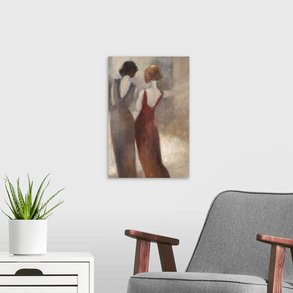 A modern room featuring Contemporary painting of two women in evening attire with backs turned to viewer.