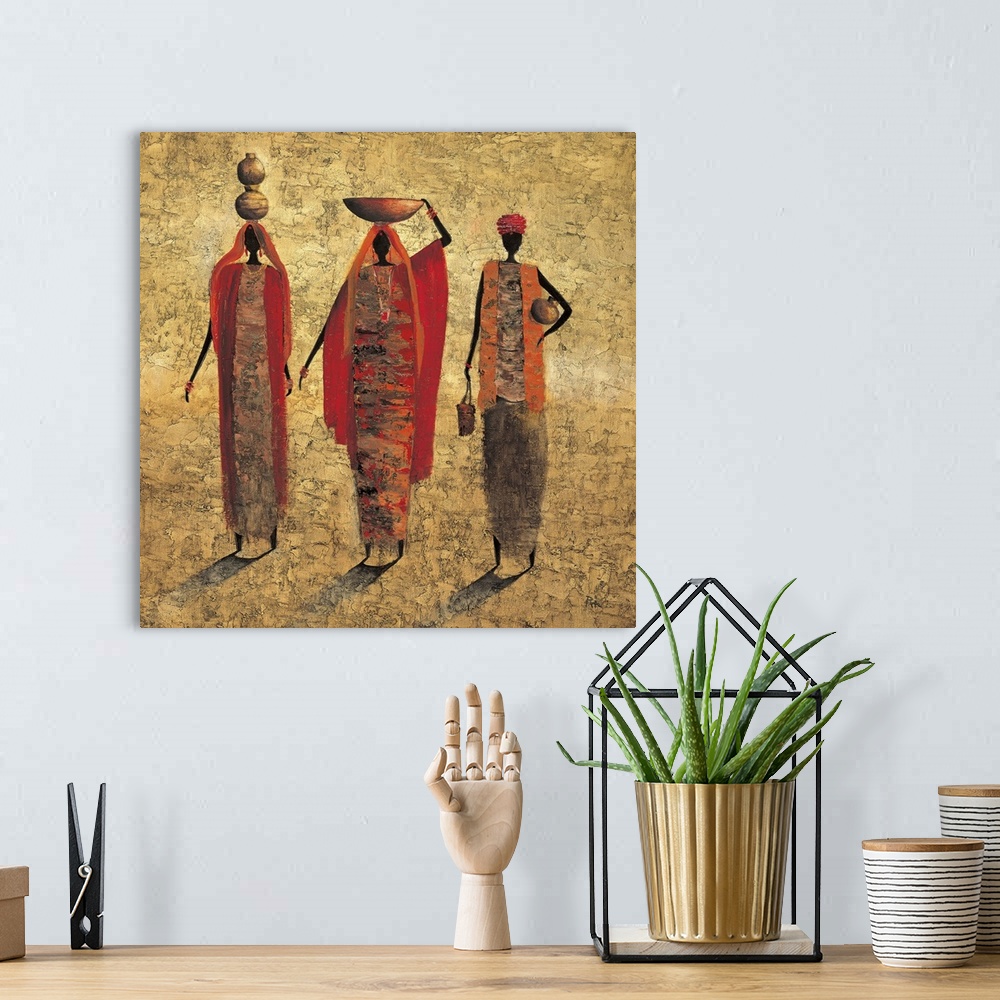 A bohemian room featuring Contemporary painting of tribal figures carrying food and water on their heads.
