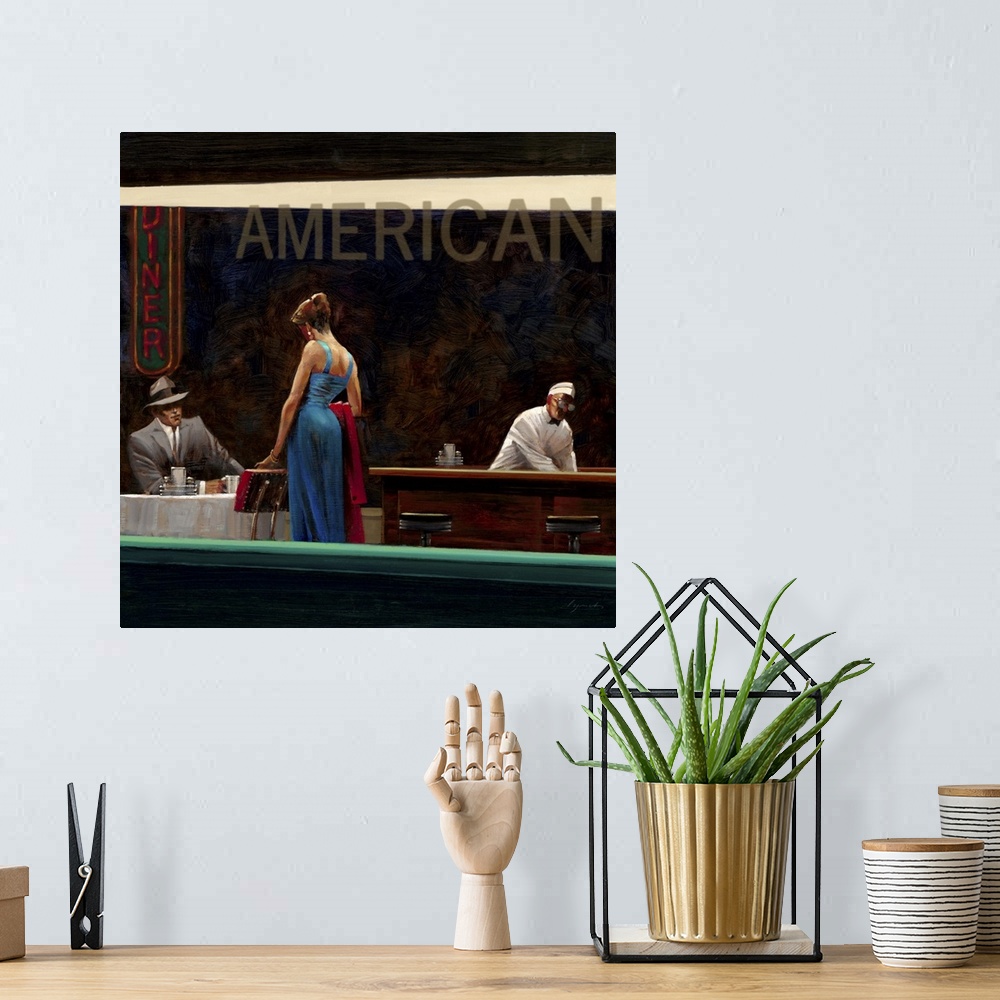 A bohemian room featuring Contemporary painting looking through the window of a diner at night, with a woman in a blue dres...