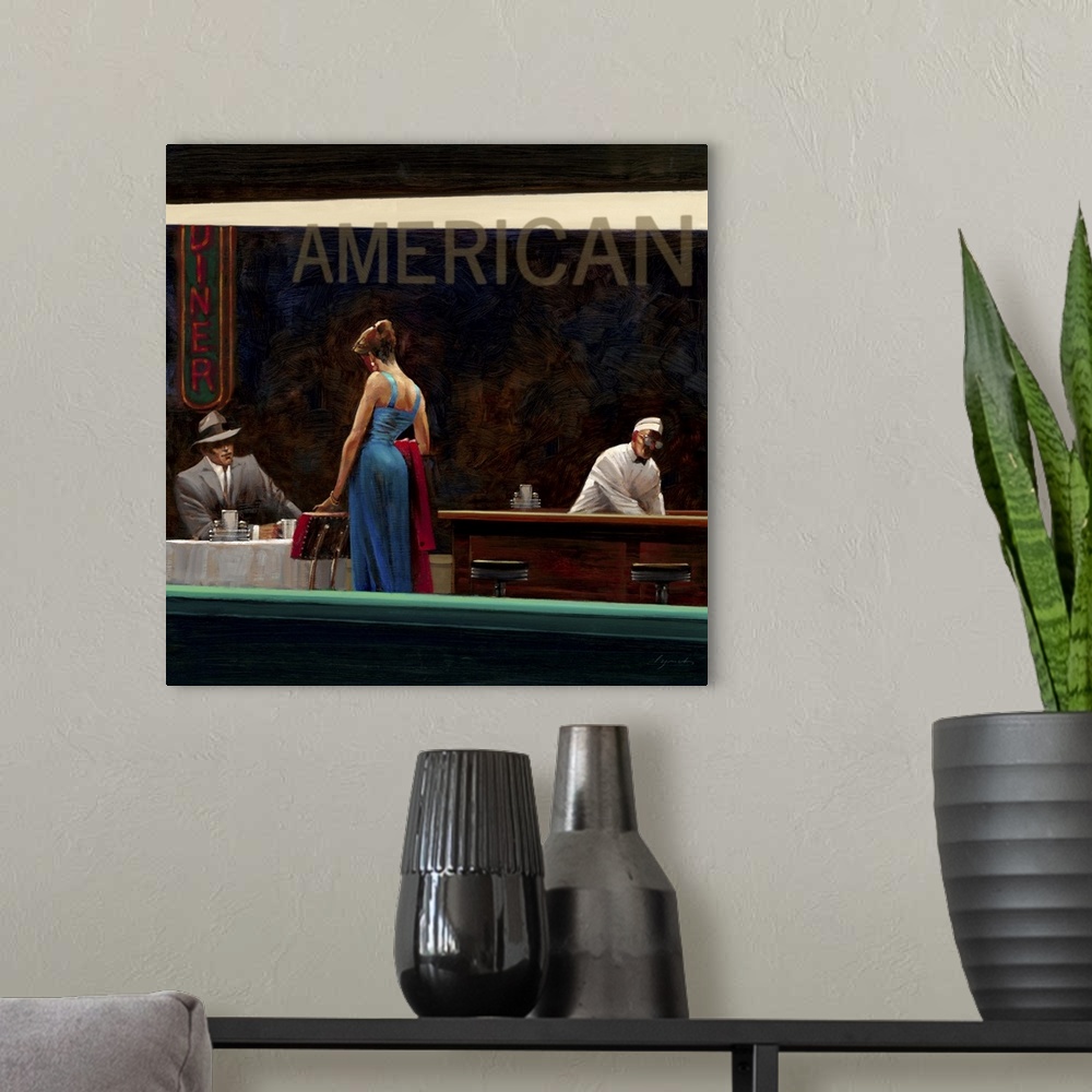 A modern room featuring Contemporary painting looking through the window of a diner at night, with a woman in a blue dres...