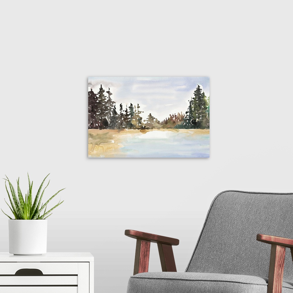 A modern room featuring Watercolor landscape painting of a lake with trees along the edge.
