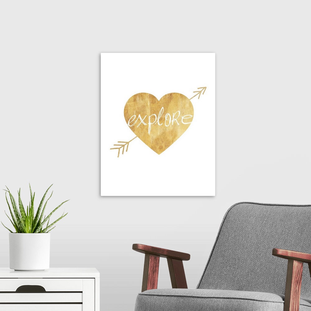 A modern room featuring White lettering inside a gold heart with an arrow through it against a white background.