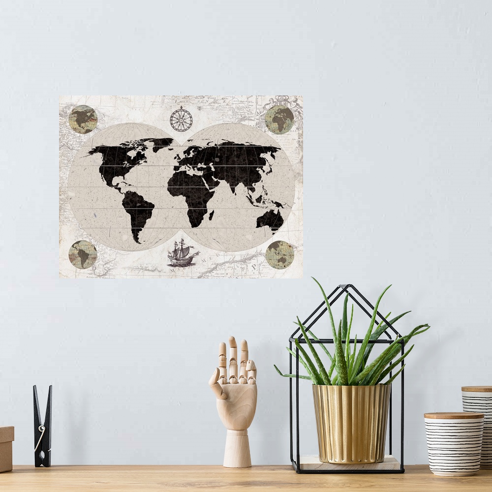 A bohemian room featuring Artwork of an antique old world explorer's map, in dark brown and neutral tones.