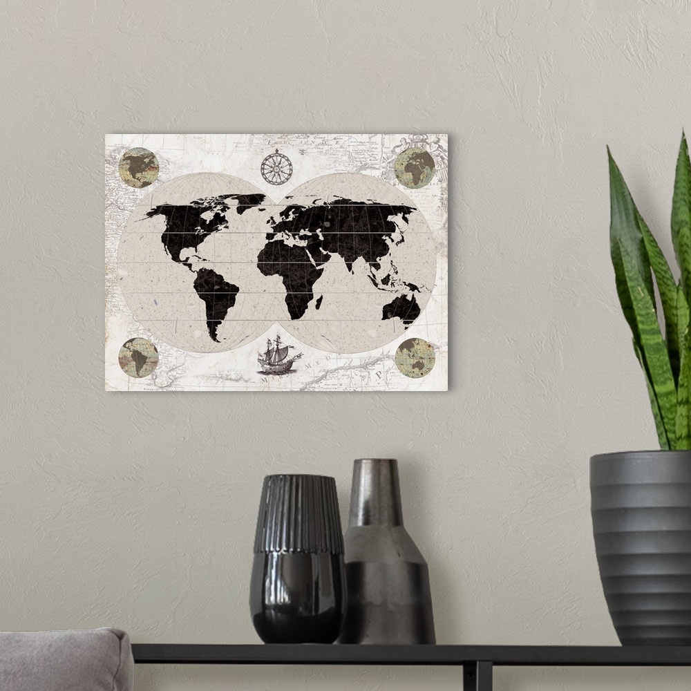 A modern room featuring Artwork of an antique old world explorer's map, in dark brown and neutral tones.