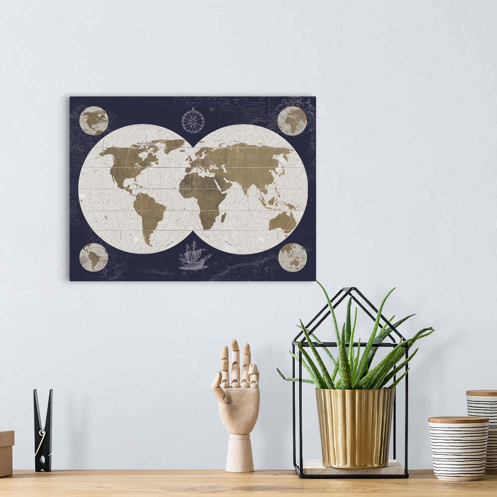 A bohemian room featuring Artwork of an antique old world explorer's map, against a dark blue background.
