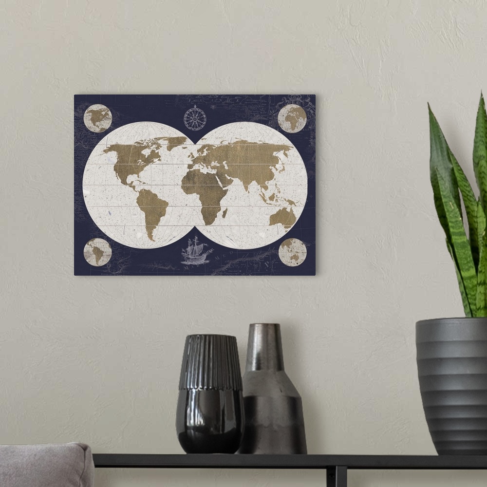 A modern room featuring Artwork of an antique old world explorer's map, against a dark blue background.