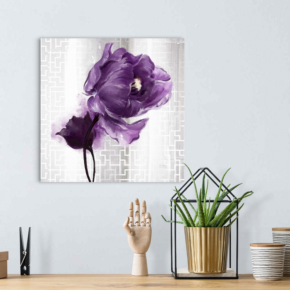 A bohemian room featuring Contemporary home decor art of  purple flower against a silver patterned background.
