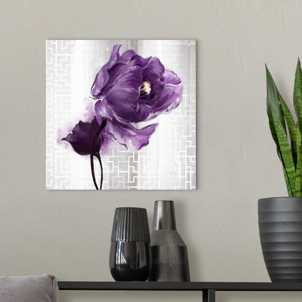 A modern room featuring Contemporary home decor art of  purple flower against a silver patterned background.