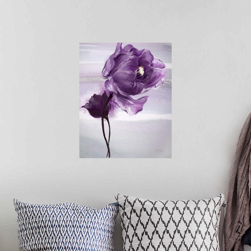 A bohemian room featuring Contemporary home decor art of  purple flower against a light gray background.
