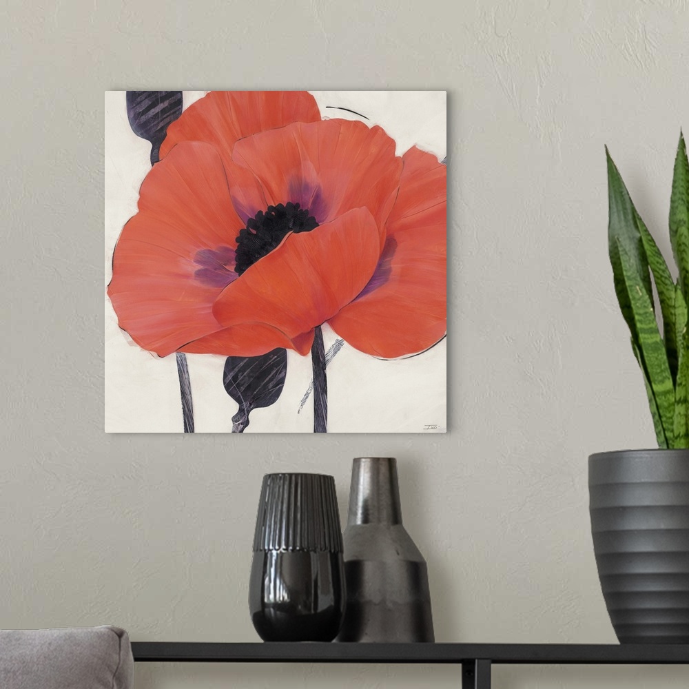 A modern room featuring Contemporary home decor painting of a close-up of an orange poppy.