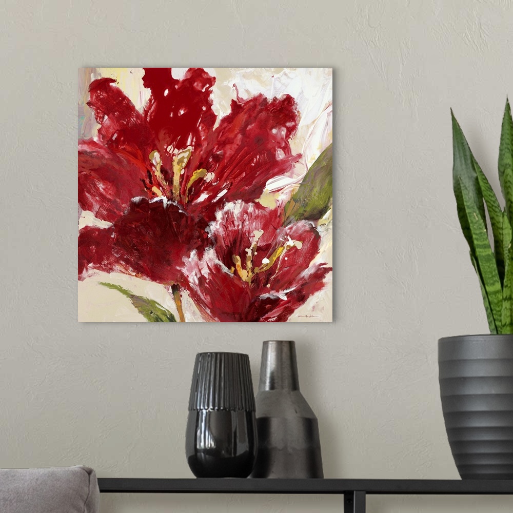 A modern room featuring Contemporary painting of vibrant red tulip flowers.
