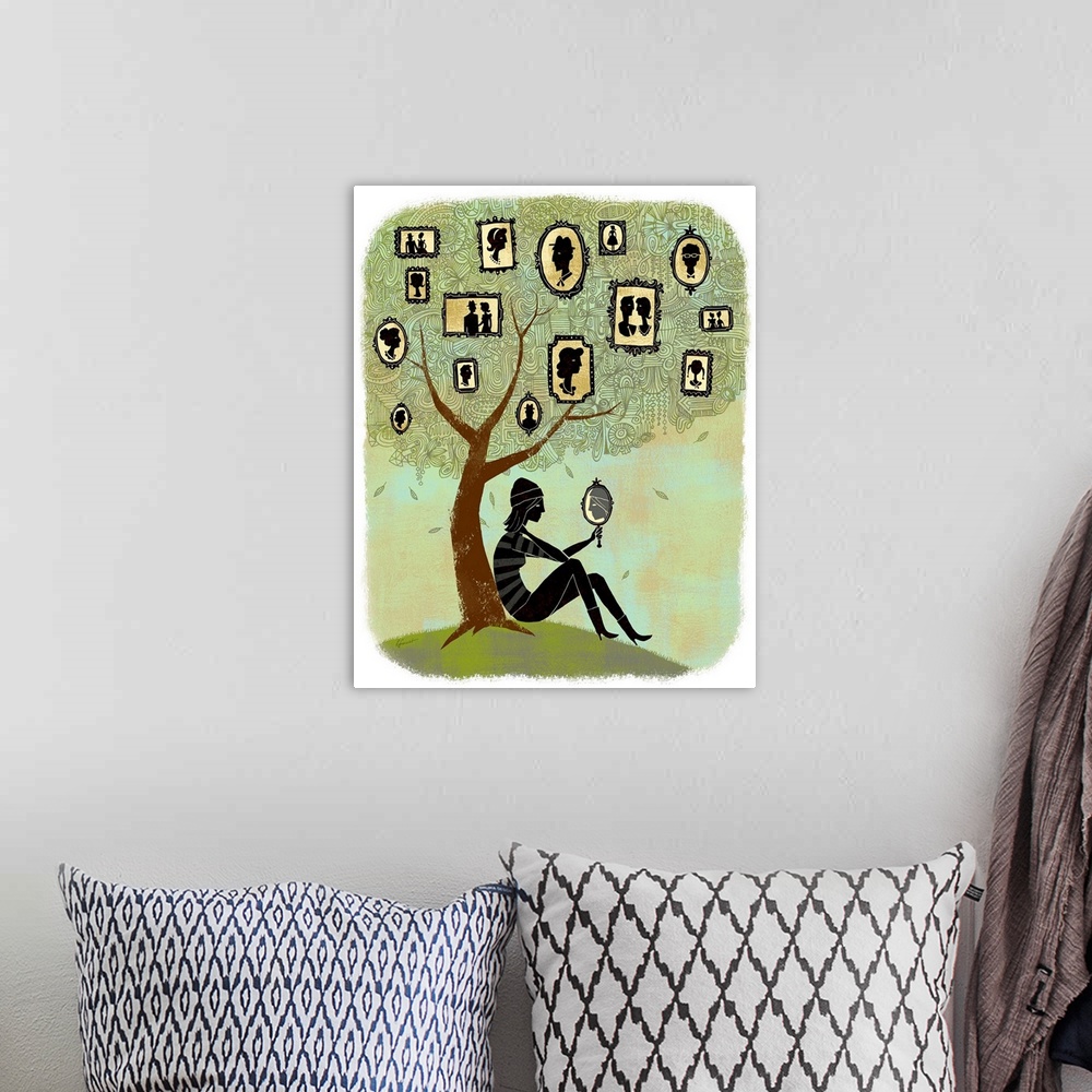 A bohemian room featuring Contemporary illustration with a retro feel of a girl holding a mirror and sitting under a family...