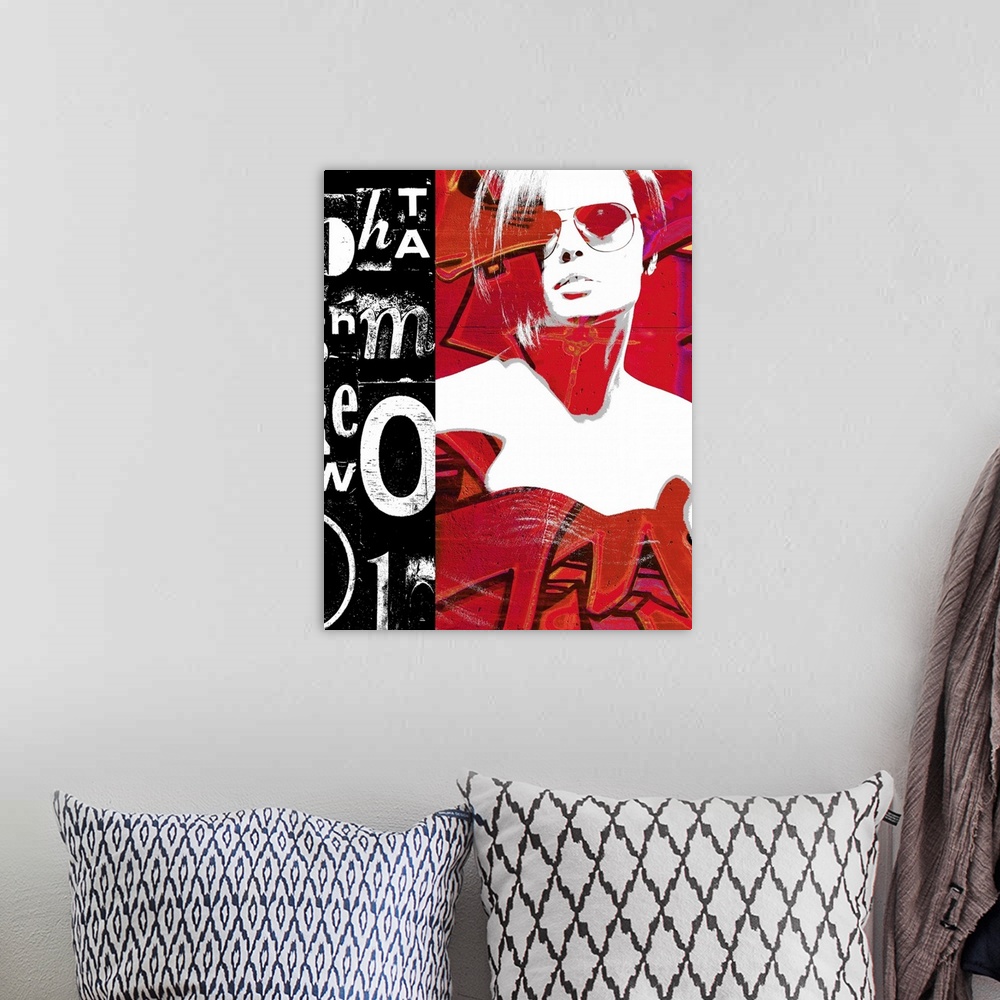 A bohemian room featuring Contemporary fashion and graffiti infused artwork using vibrant colors.