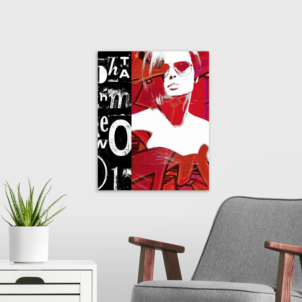 A modern room featuring Contemporary fashion and graffiti infused artwork using vibrant colors.