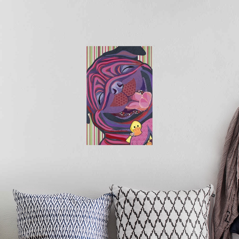 A bohemian room featuring Colorful collage artwork of a smiling pug holding a toy duck.