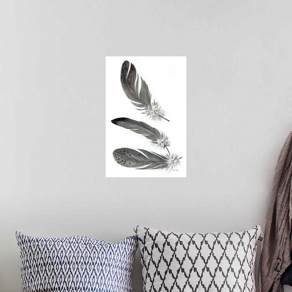 A bohemian room featuring Contemporary illustration of three patterned feathers on white.
