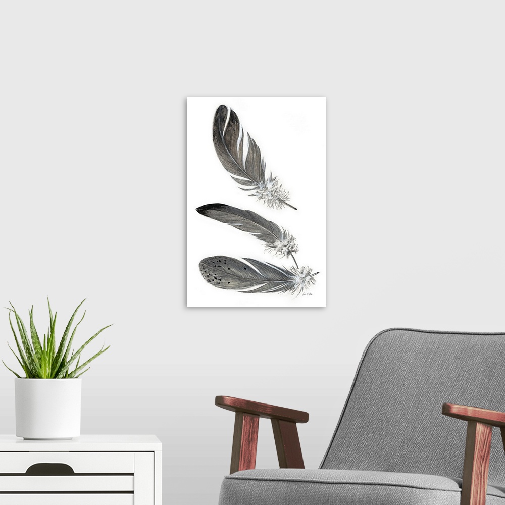 A modern room featuring Contemporary illustration of three patterned feathers on white.