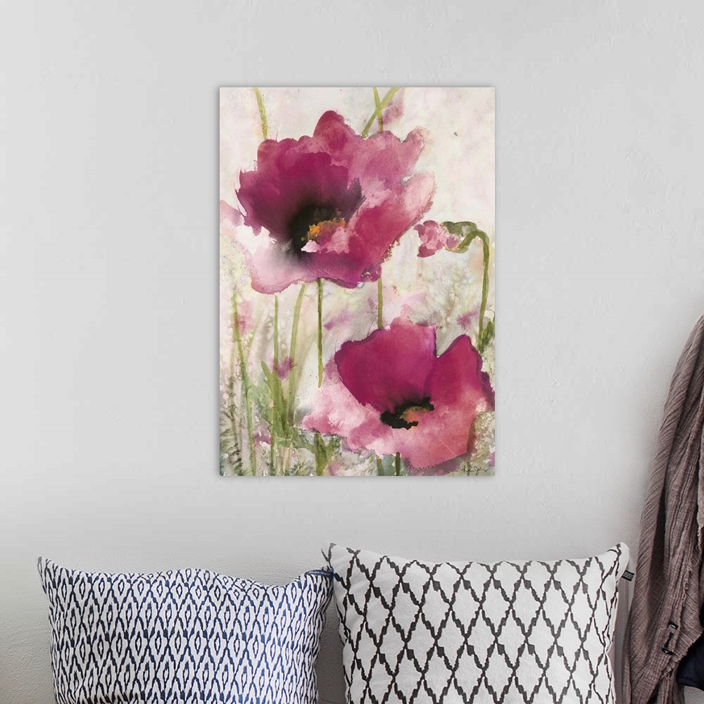 A bohemian room featuring Contemporary artwork of watercolor painted pink poppies.