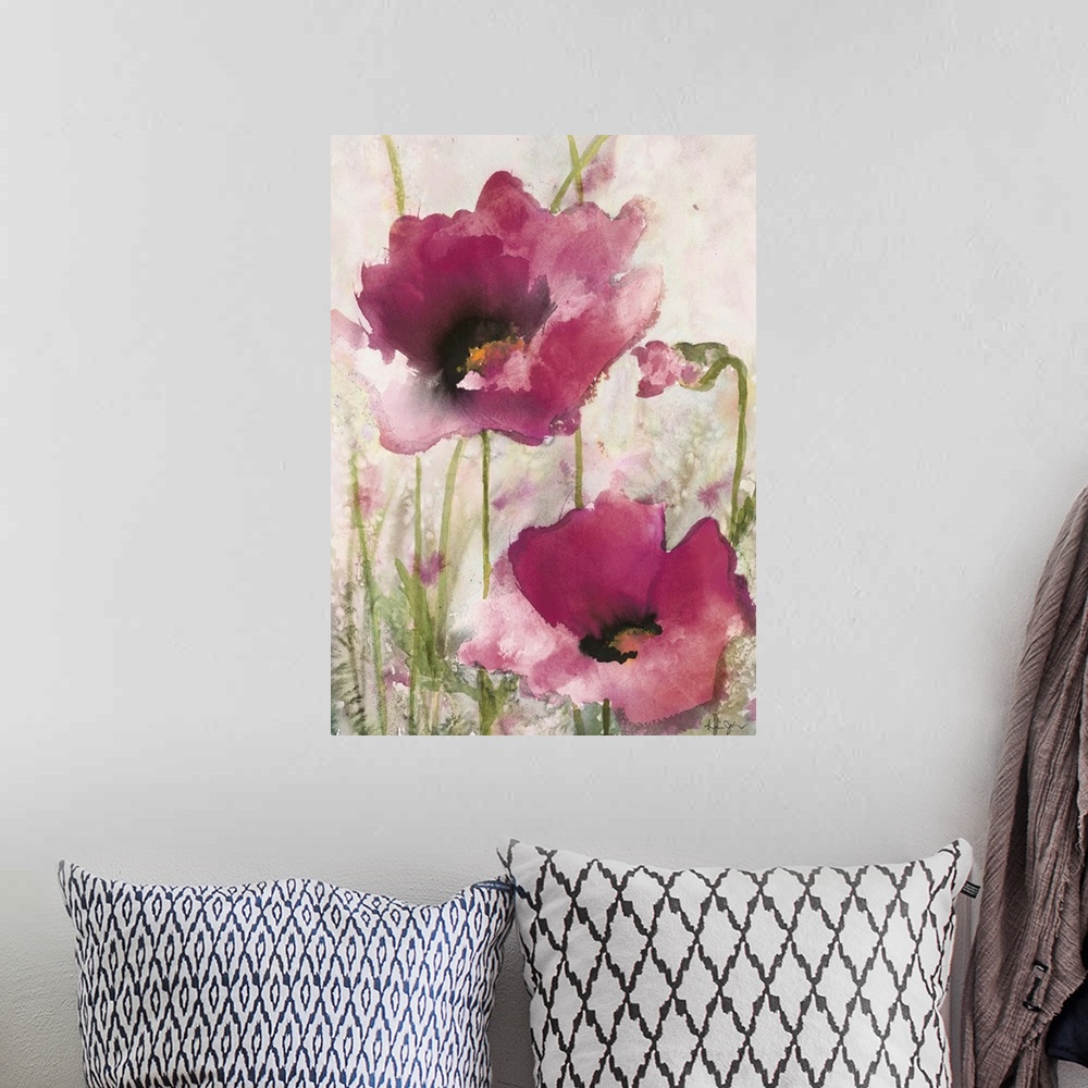 A bohemian room featuring Contemporary artwork of watercolor painted pink poppies.