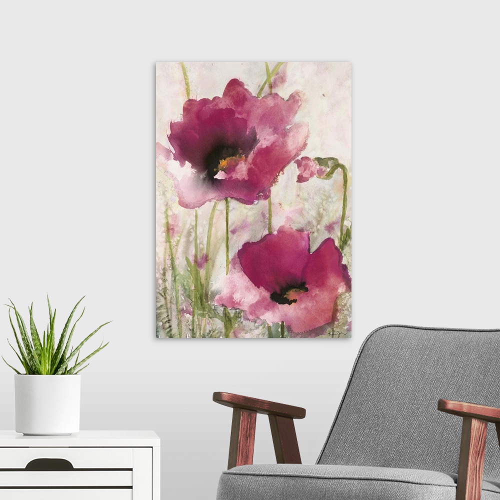 A modern room featuring Contemporary artwork of watercolor painted pink poppies.
