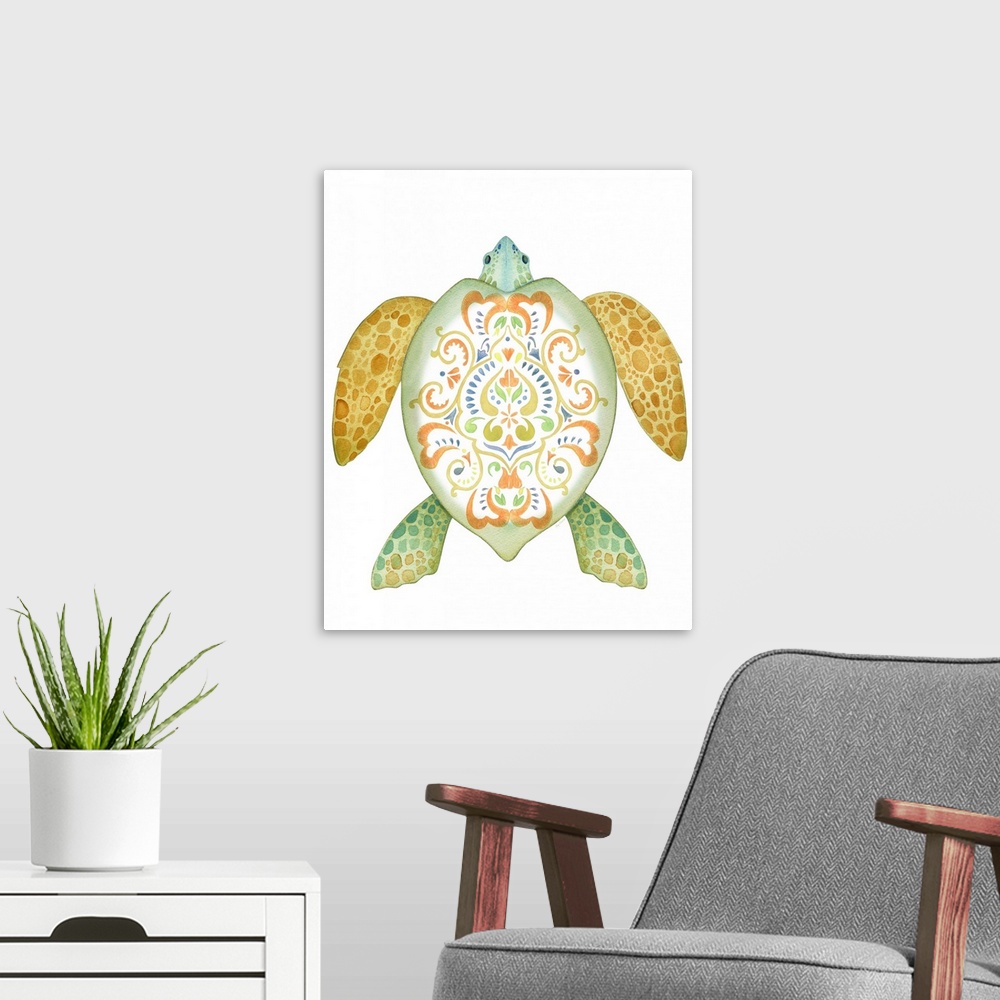 A modern room featuring Watercolor artwork of a sea turtle with an intricate design on its shell.