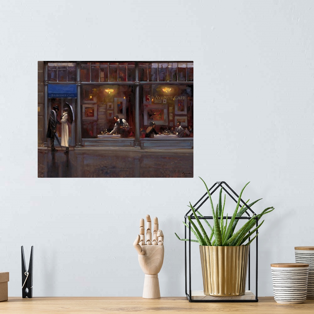 A bohemian room featuring Contemporary painting of a couple standing outside a restaurant door on a rainy evening.