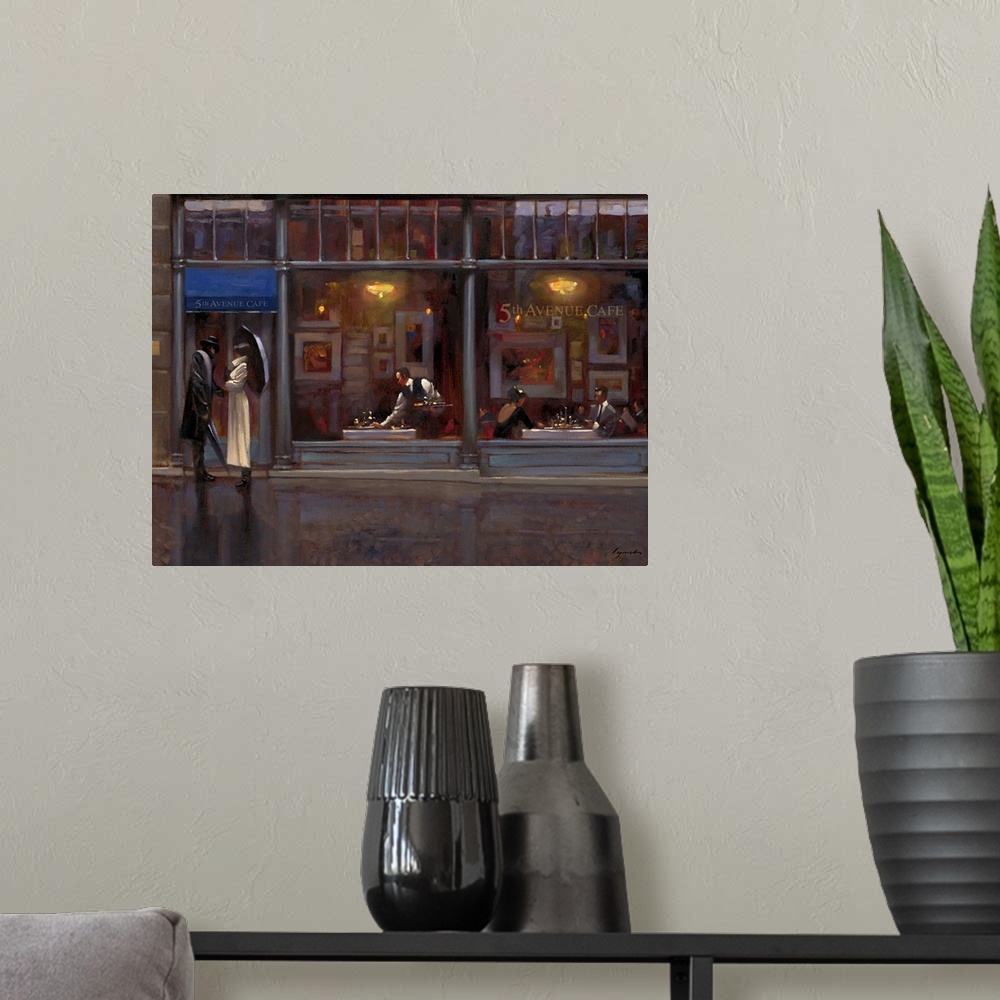 A modern room featuring Contemporary painting of a couple standing outside a restaurant door on a rainy evening.